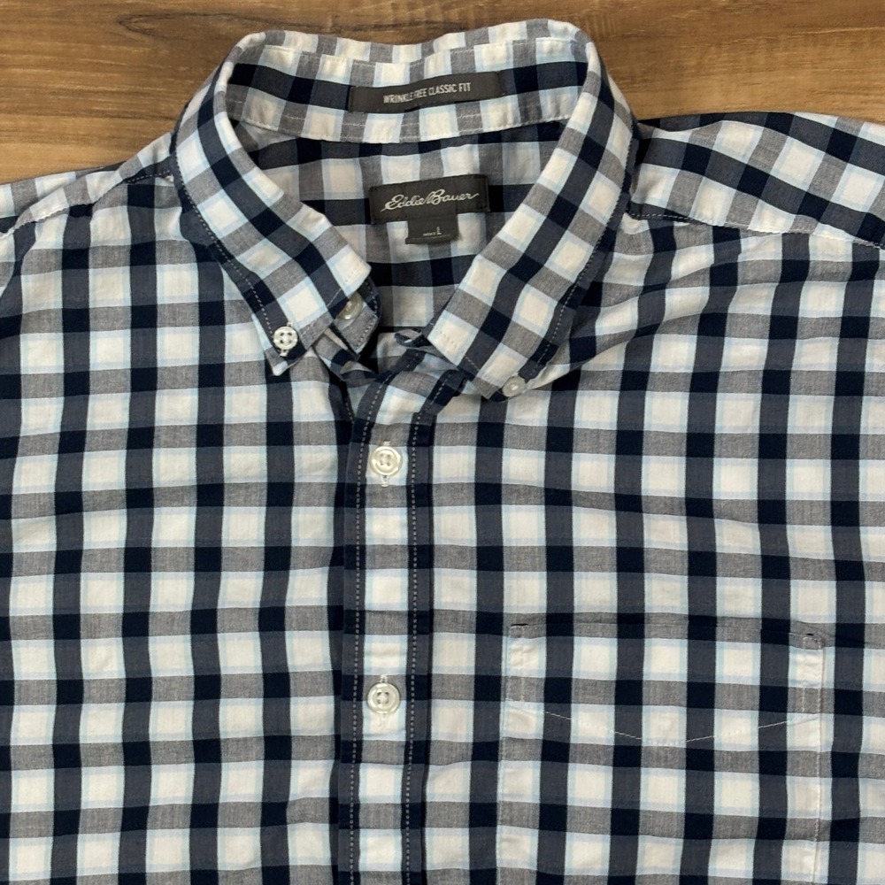 Eddie Bauer Shirt Men L Gingham Cotton Blend Classic Fit Navy Blue Heritage Work